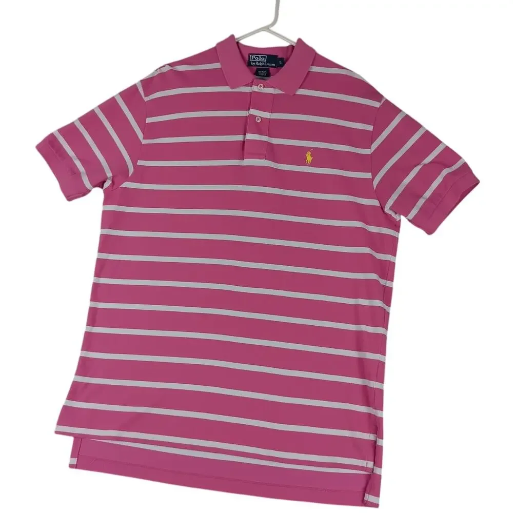 Polo Ralph Lauren Vintage‎ Knit Polo Men's Large Pink/White Striped Pony Preppy